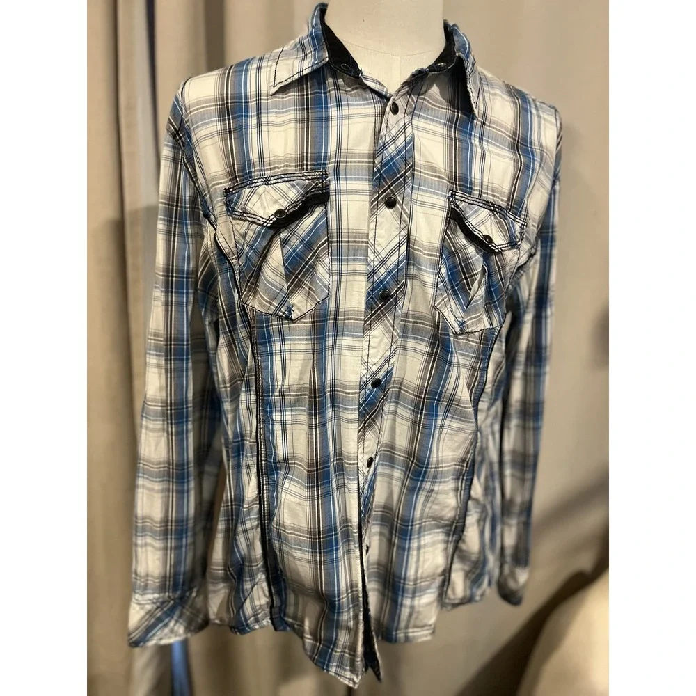 Bke Men's Pearl Snap Western‎ Style Shirt Blue Black And White Large